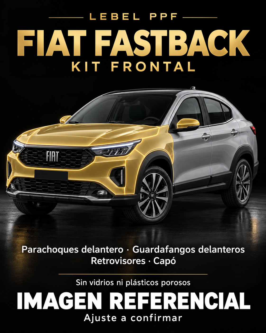 Fiat Fastback — Kit frontal PPF LEBEL. Imagen referencial; ajuste a confirmar. Sin vidrios ni plásticos porosos.
