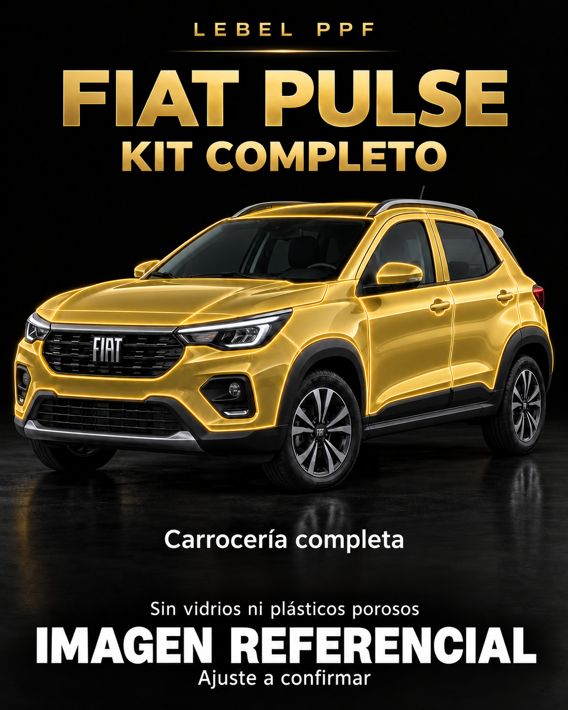 Fiat Pulse — Kit completo PPF LEBEL. Imagen referencial; ajuste a confirmar. Sin vidrios ni plásticos porosos.