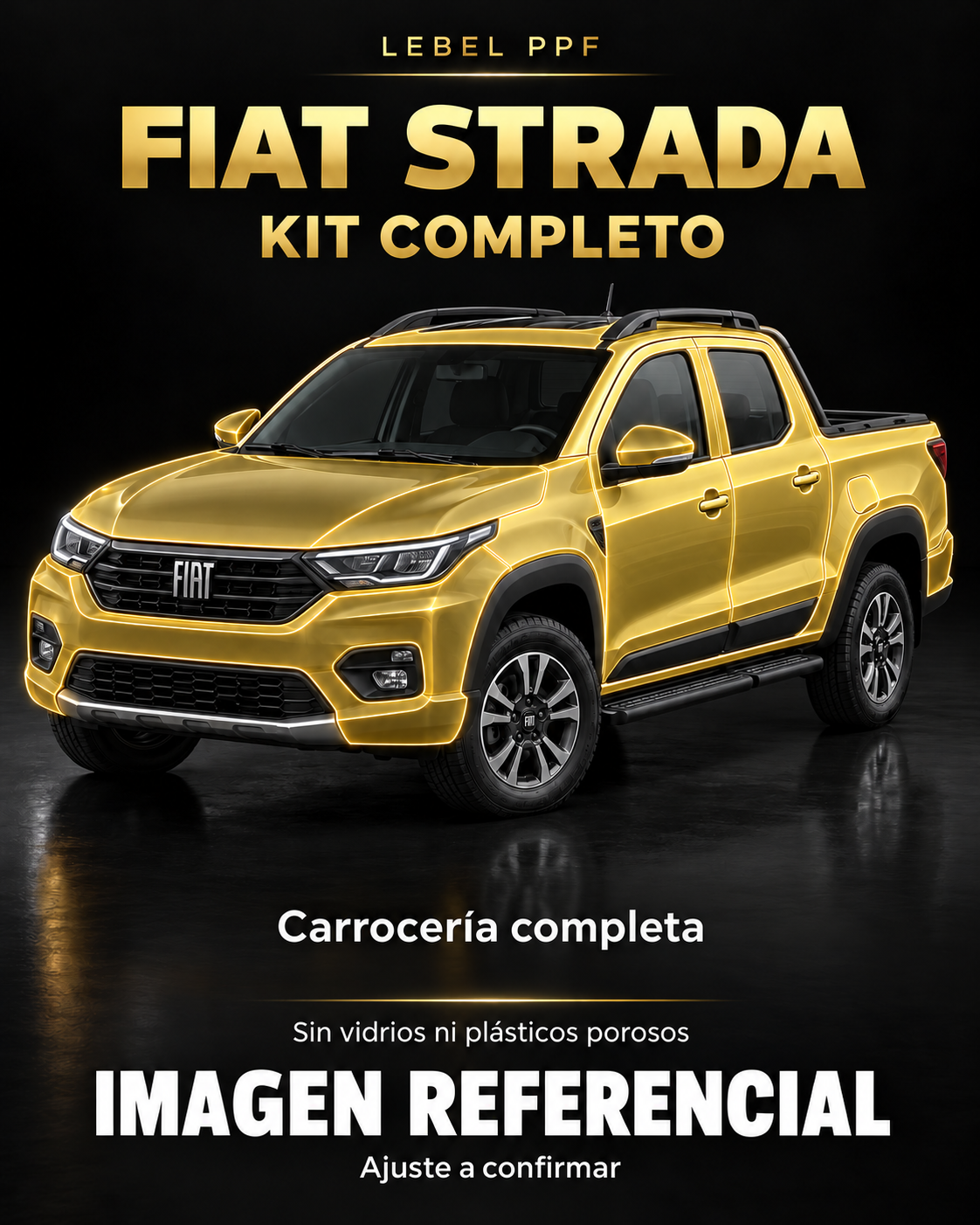 Fiat Strada — Kit completo PPF LEBEL. Imagen referencial; ajuste a confirmar. Sin vidrios ni plásticos porosos.
