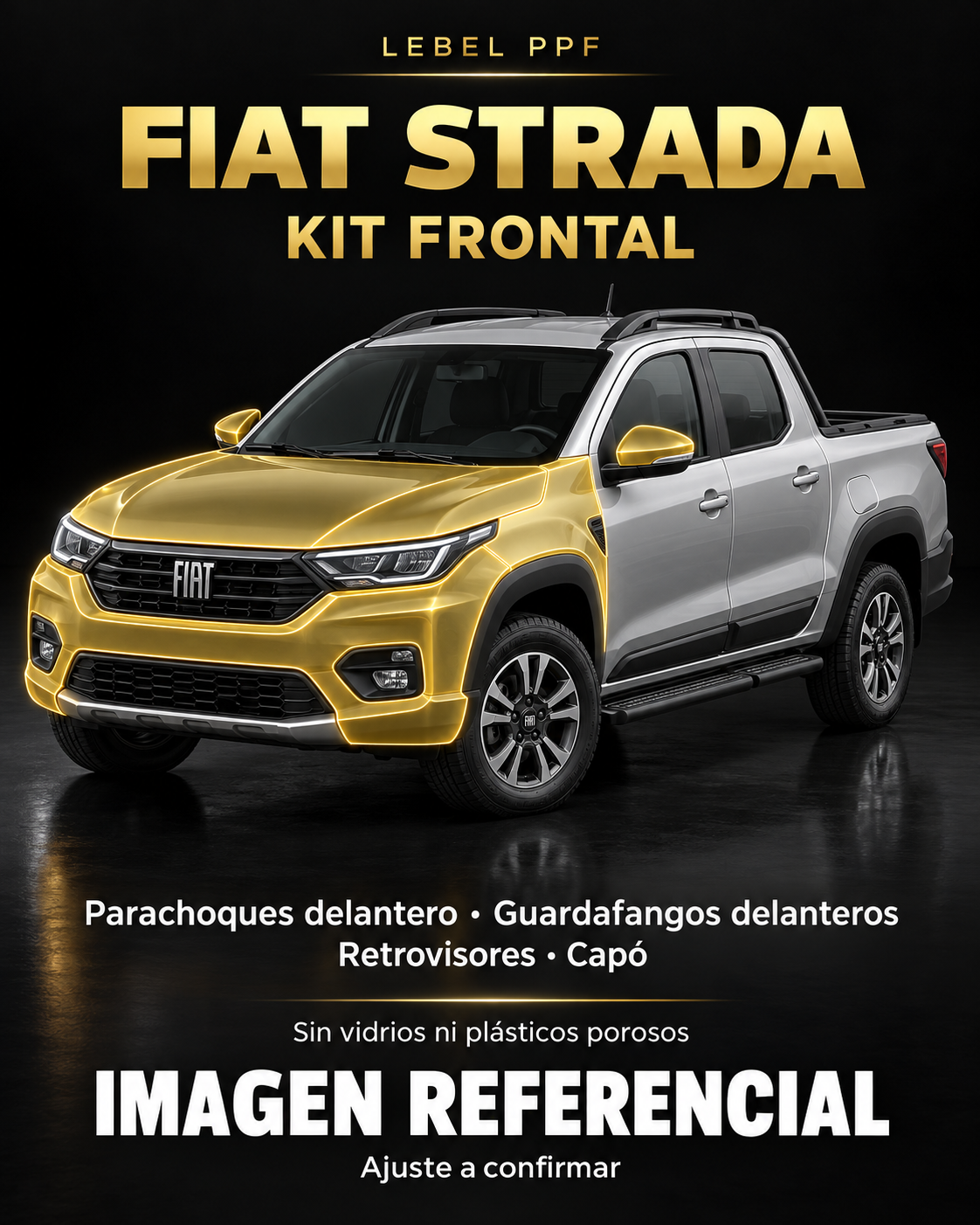 Fiat Strada — Kit frontal PPF LEBEL. Imagen referencial; ajuste a confirmar. Sin vidrios ni plásticos porosos.
