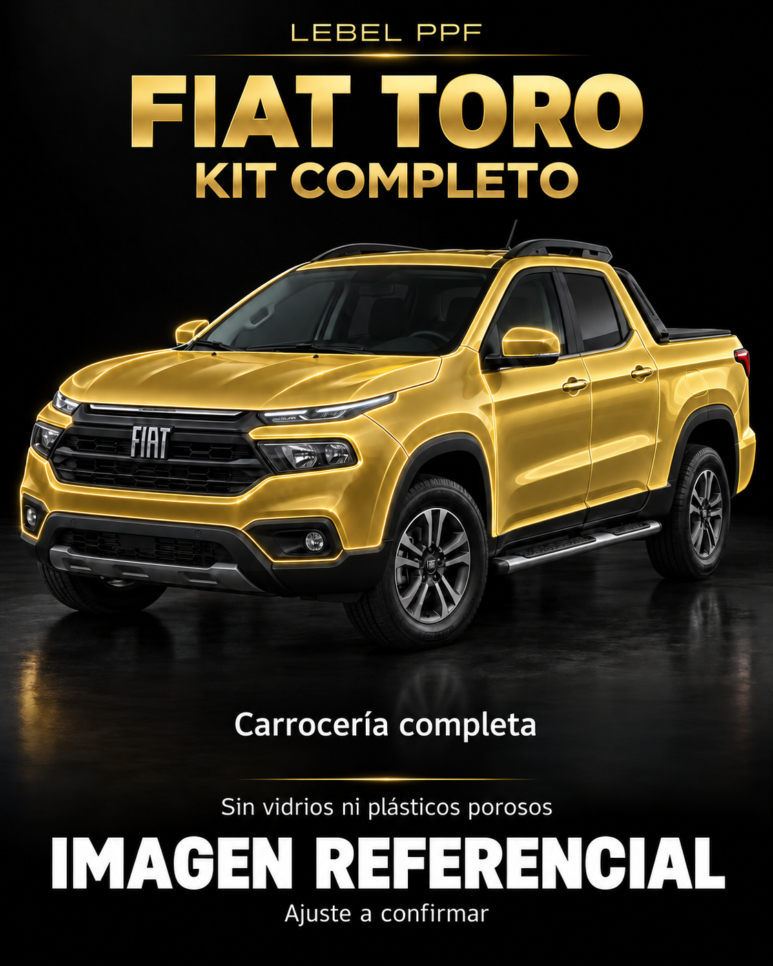 Fiat Toro — Kit completo PPF LEBEL. Imagen referencial; ajuste a confirmar. Sin vidrios ni plásticos porosos.