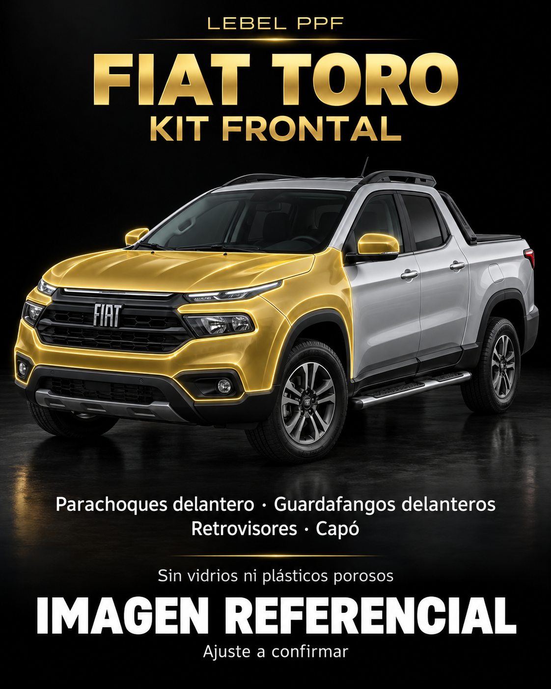 Fiat Toro — Kit frontal PPF LEBEL. Imagen referencial; ajuste a confirmar. Sin vidrios ni plásticos porosos.
