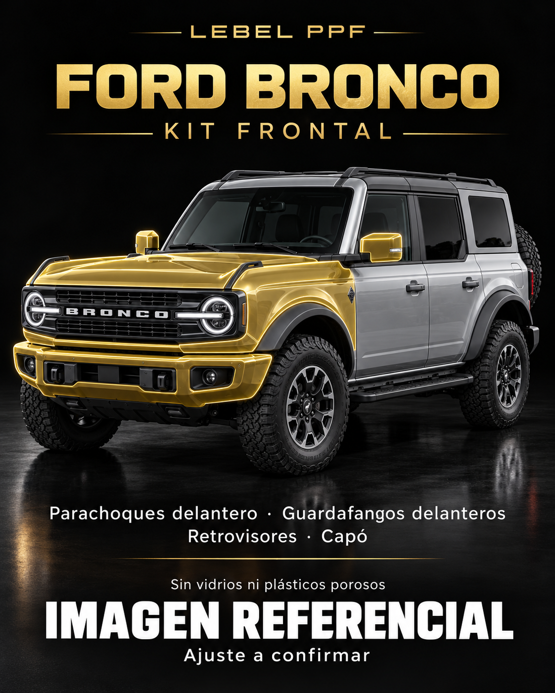 Ford Bronco — Kit frontal PPF LEBEL. Imagen referencial; ajuste a confirmar. Sin vidrios ni plásticos porosos.