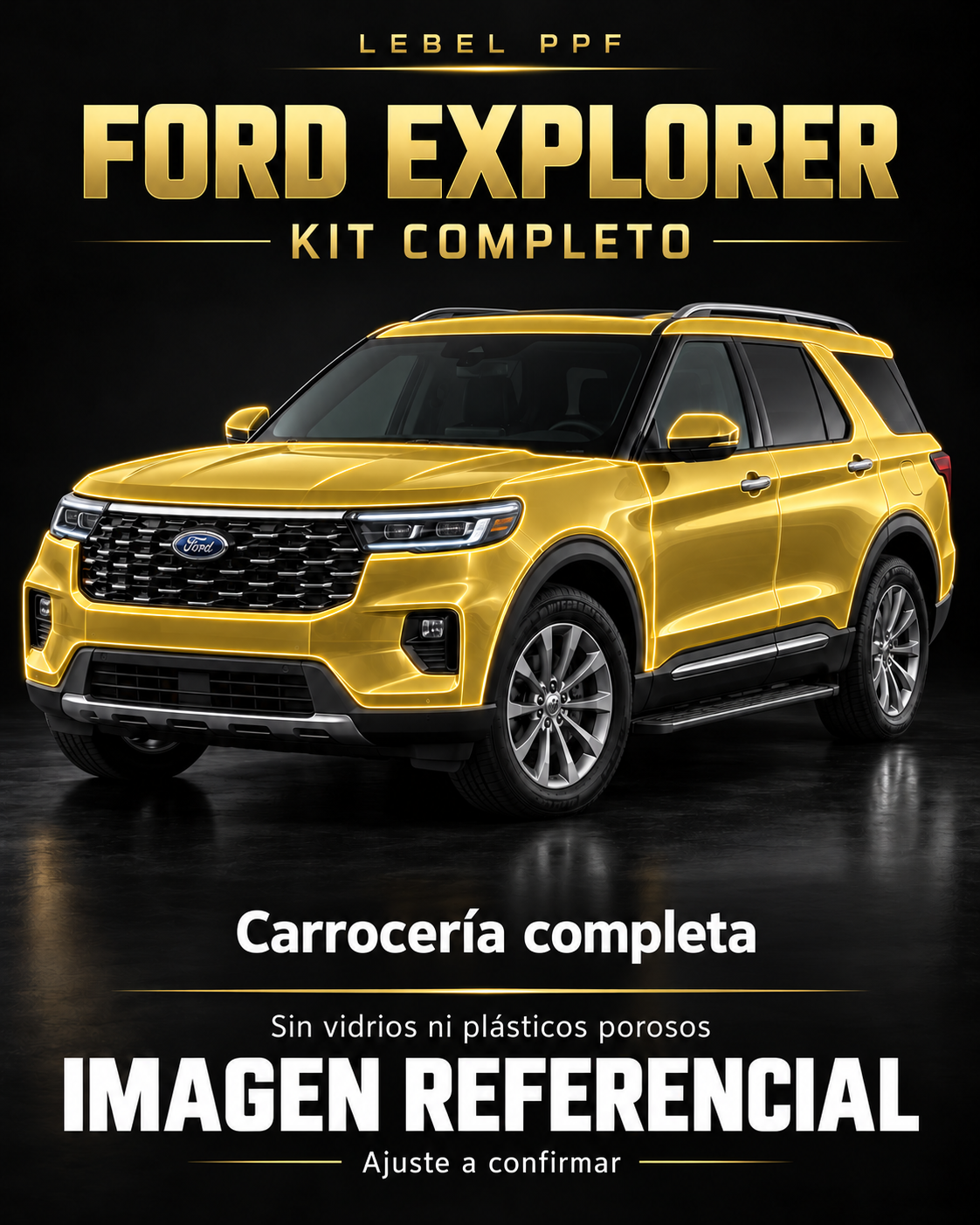 Ford Explorer — Kit completo PPF LEBEL. Imagen referencial; ajuste a confirmar. Sin vidrios ni plásticos porosos.