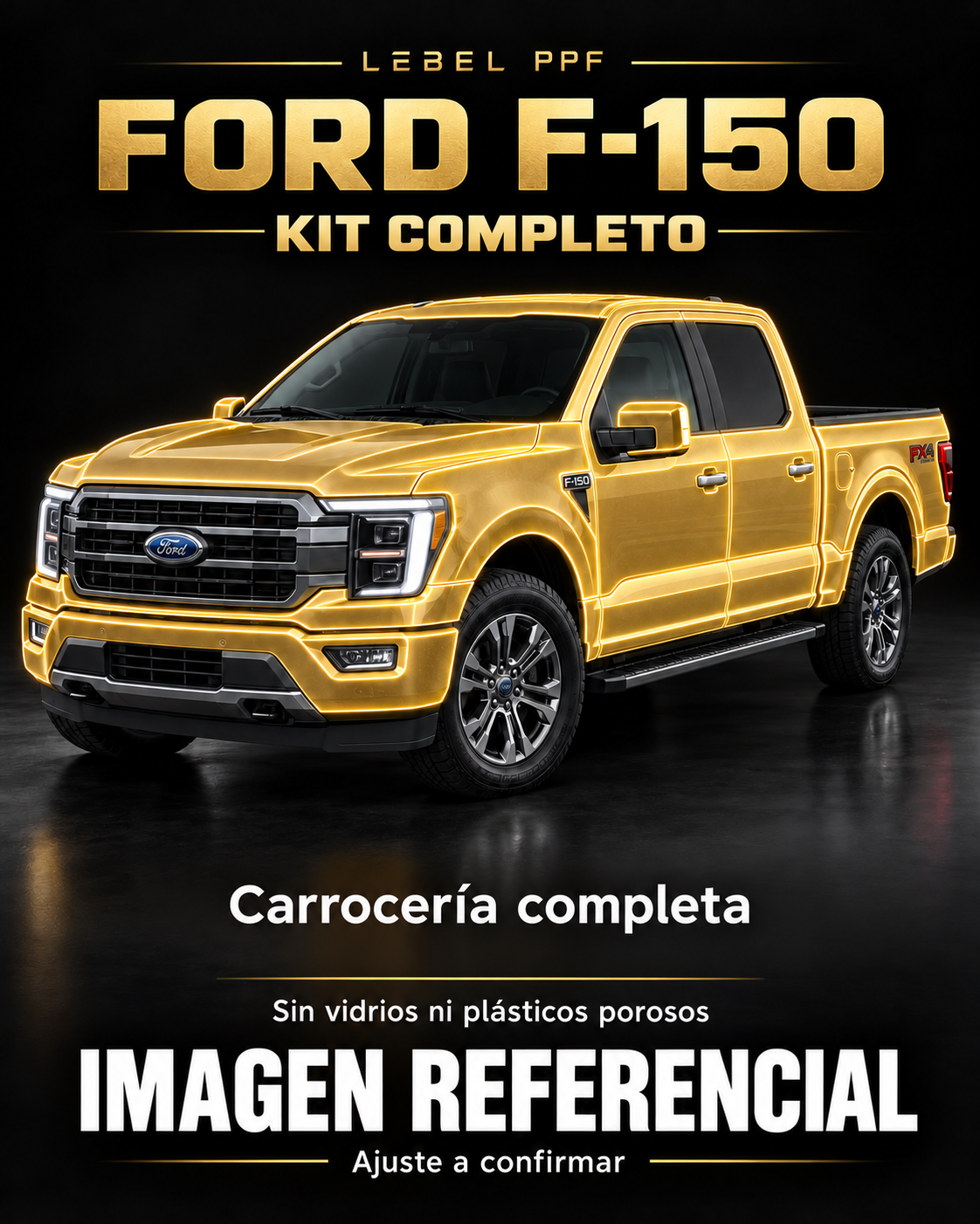 Ford F-150 — Kit completo PPF LEBEL. Imagen referencial; ajuste a confirmar. Sin vidrios ni plásticos porosos.