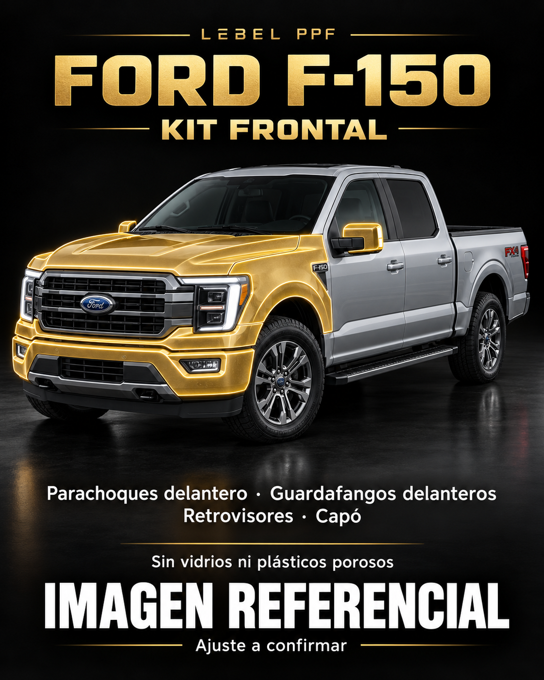 Ford F-150 — Kit frontal PPF LEBEL. Imagen referencial; ajuste a confirmar. Sin vidrios ni plásticos porosos.