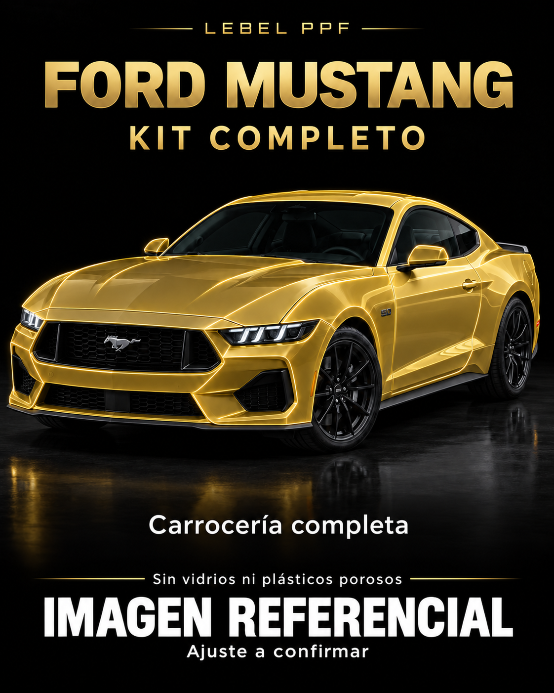 Ford Mustang — Kit completo PPF LEBEL. Imagen referencial; ajuste a confirmar. Sin vidrios ni plásticos porosos.