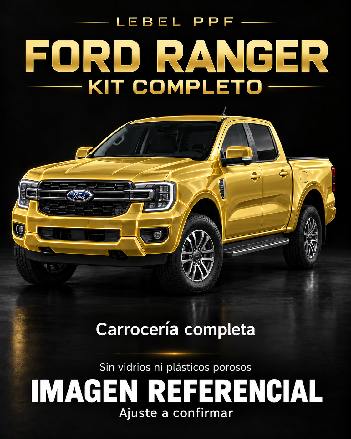 Ford Ranger — Kit completo PPF LEBEL. Imagen referencial; ajuste a confirmar. Sin vidrios ni plásticos porosos.