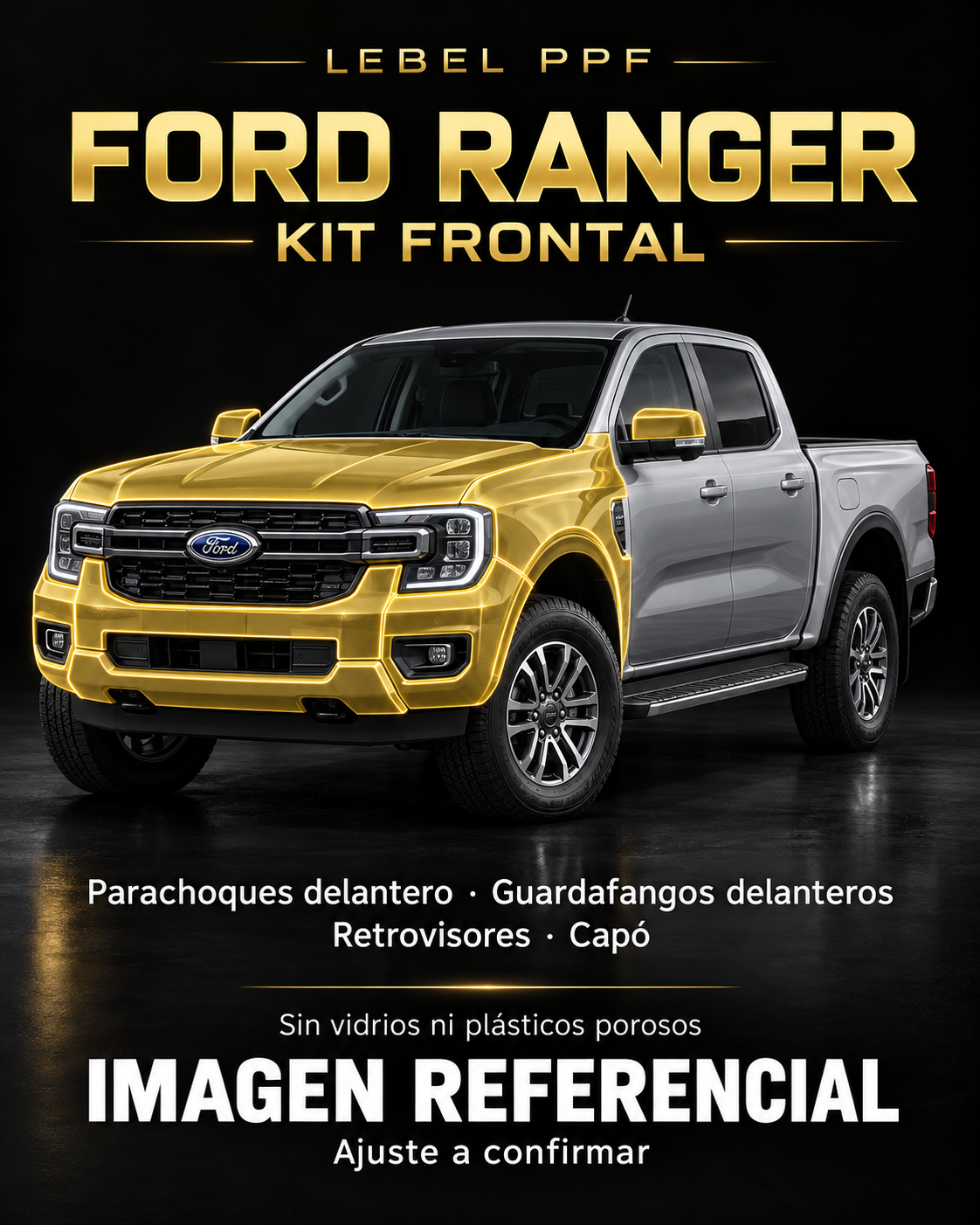 Ford Ranger — Kit frontal PPF LEBEL. Imagen referencial; ajuste a confirmar. Sin vidrios ni plásticos porosos.