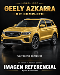 Geely Azkarra — Kit completo PPF LEBEL. Imagen referencial; ajuste a confirmar. Sin vidrios ni plásticos porosos.