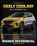 Geely Coolray — Kit frontal PPF LEBEL. Imagen referencial; ajuste a confirmar. Sin vidrios ni plásticos porosos.