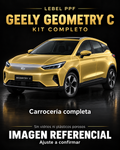Geely Geometry C — Kit completo PPF LEBEL. Imagen referencial; ajuste a confirmar. Sin vidrios ni plásticos porosos.