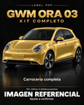 GWM Ora 03 — Kit completo PPF LEBEL. Imagen referencial; ajuste a confirmar. Sin vidrios ni plásticos porosos.