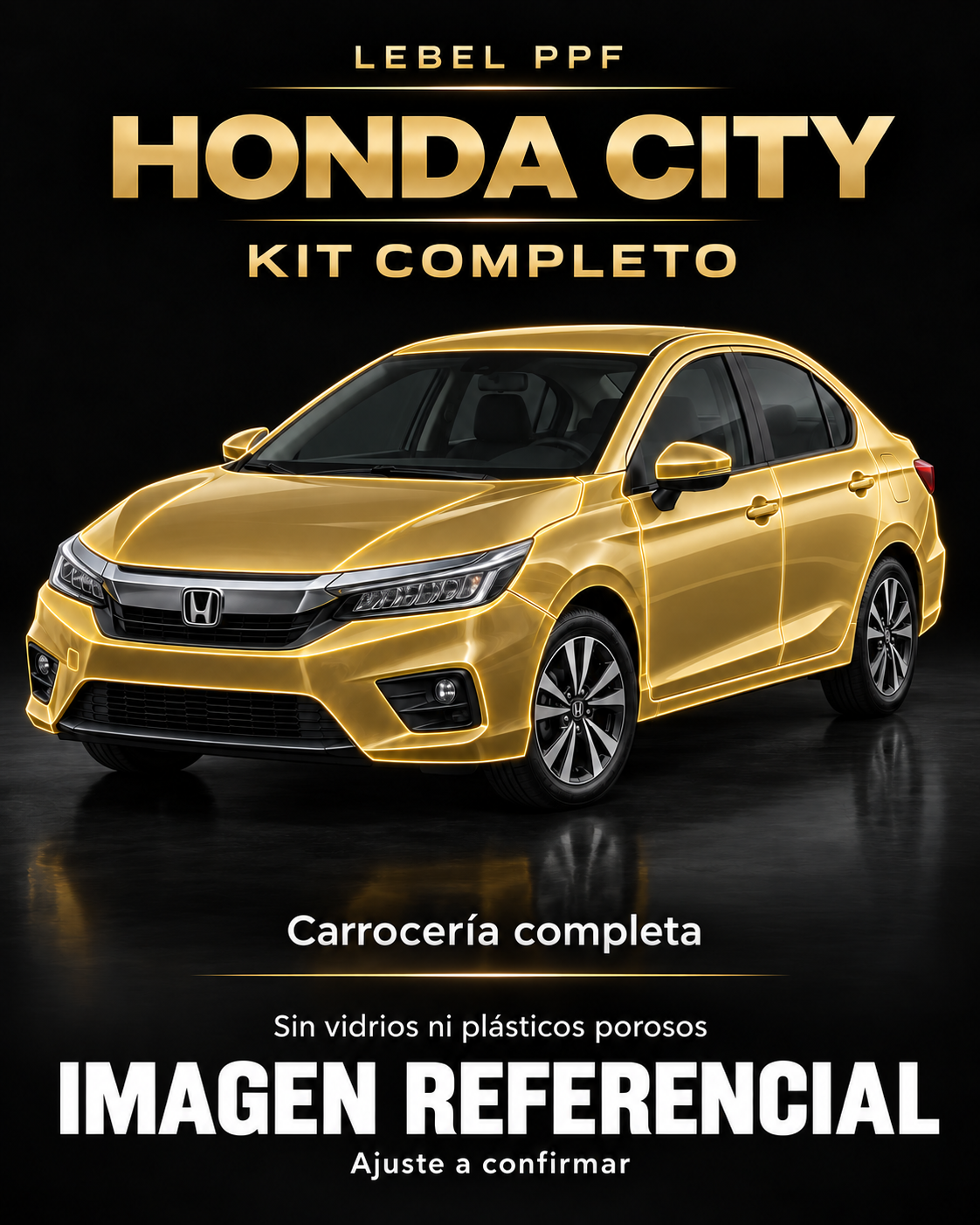 Honda City — Kit completo PPF LEBEL. Imagen referencial; ajuste a confirmar. Sin vidrios ni plásticos porosos.