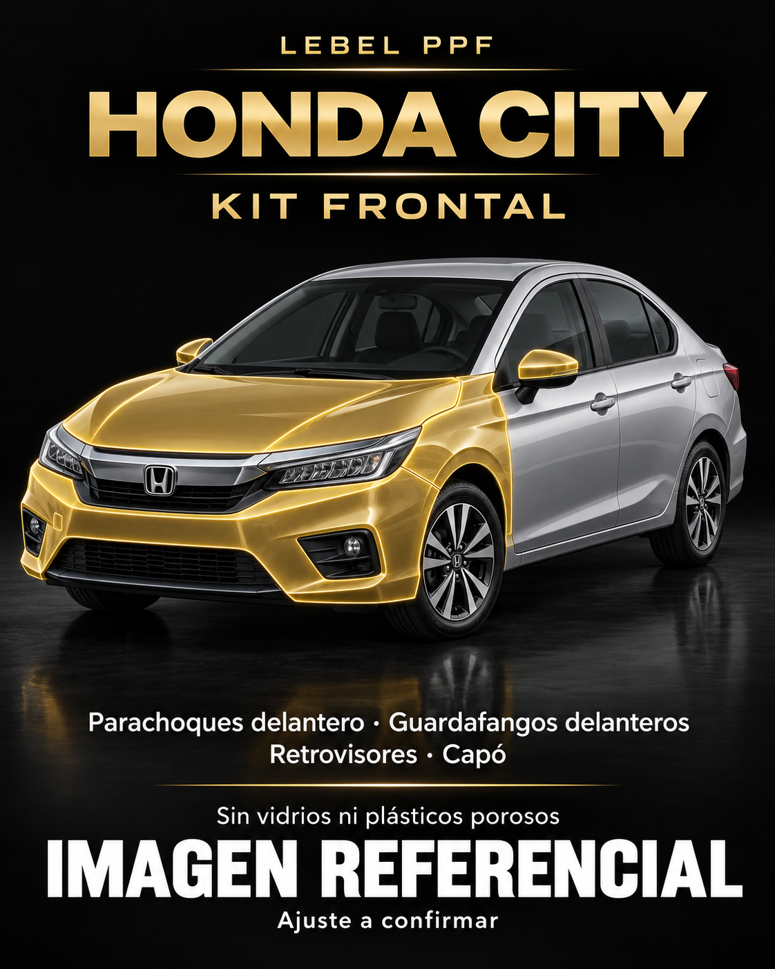 Honda City — Kit frontal PPF LEBEL. Imagen referencial; ajuste a confirmar. Sin vidrios ni plásticos porosos.