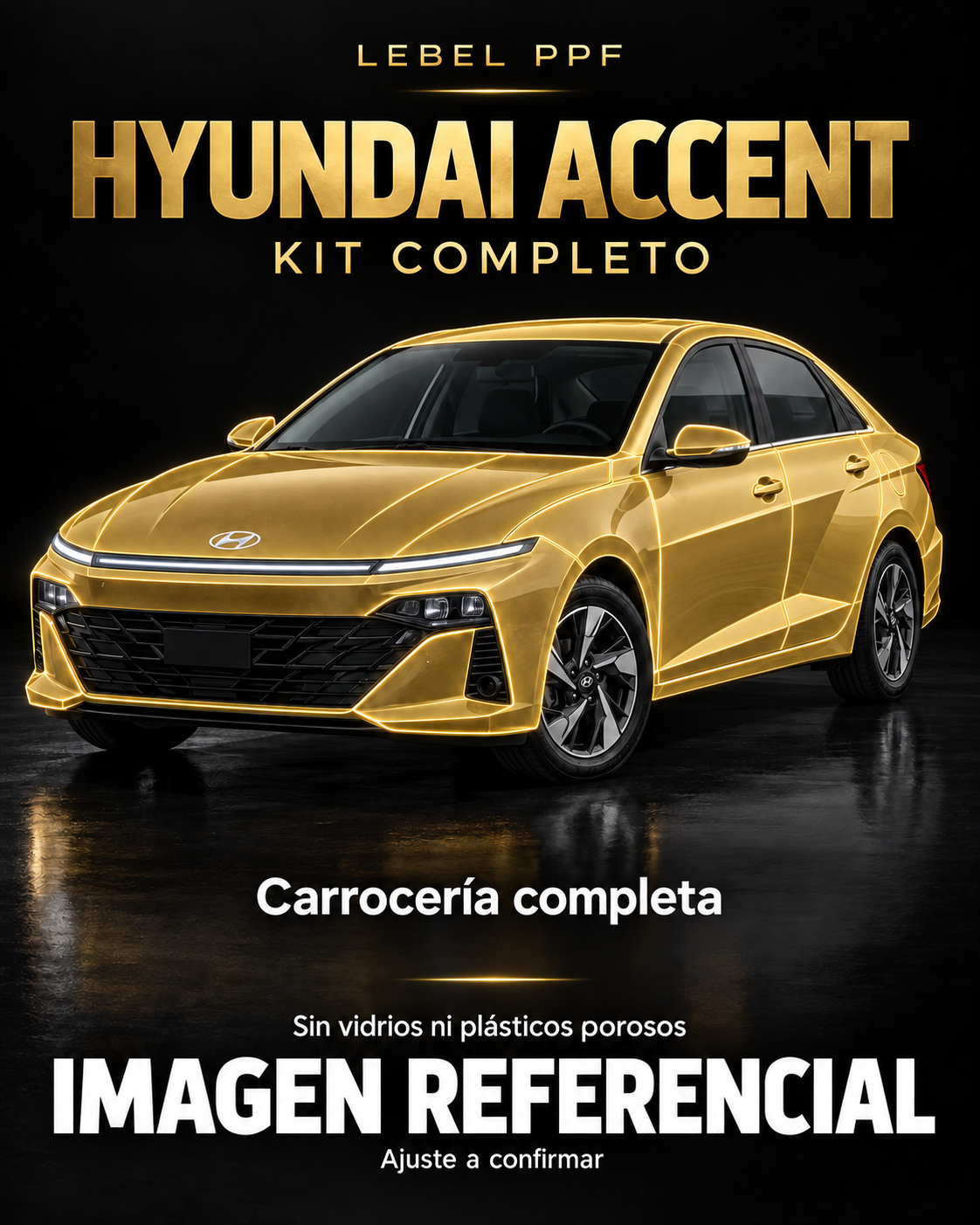 Hyundai Accent — Kit completo PPF LEBEL. Imagen referencial; ajuste a confirmar. Sin vidrios ni plásticos porosos.