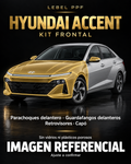 Hyundai Accent — Kit frontal PPF LEBEL. Imagen referencial; ajuste a confirmar. Sin vidrios ni plásticos porosos.