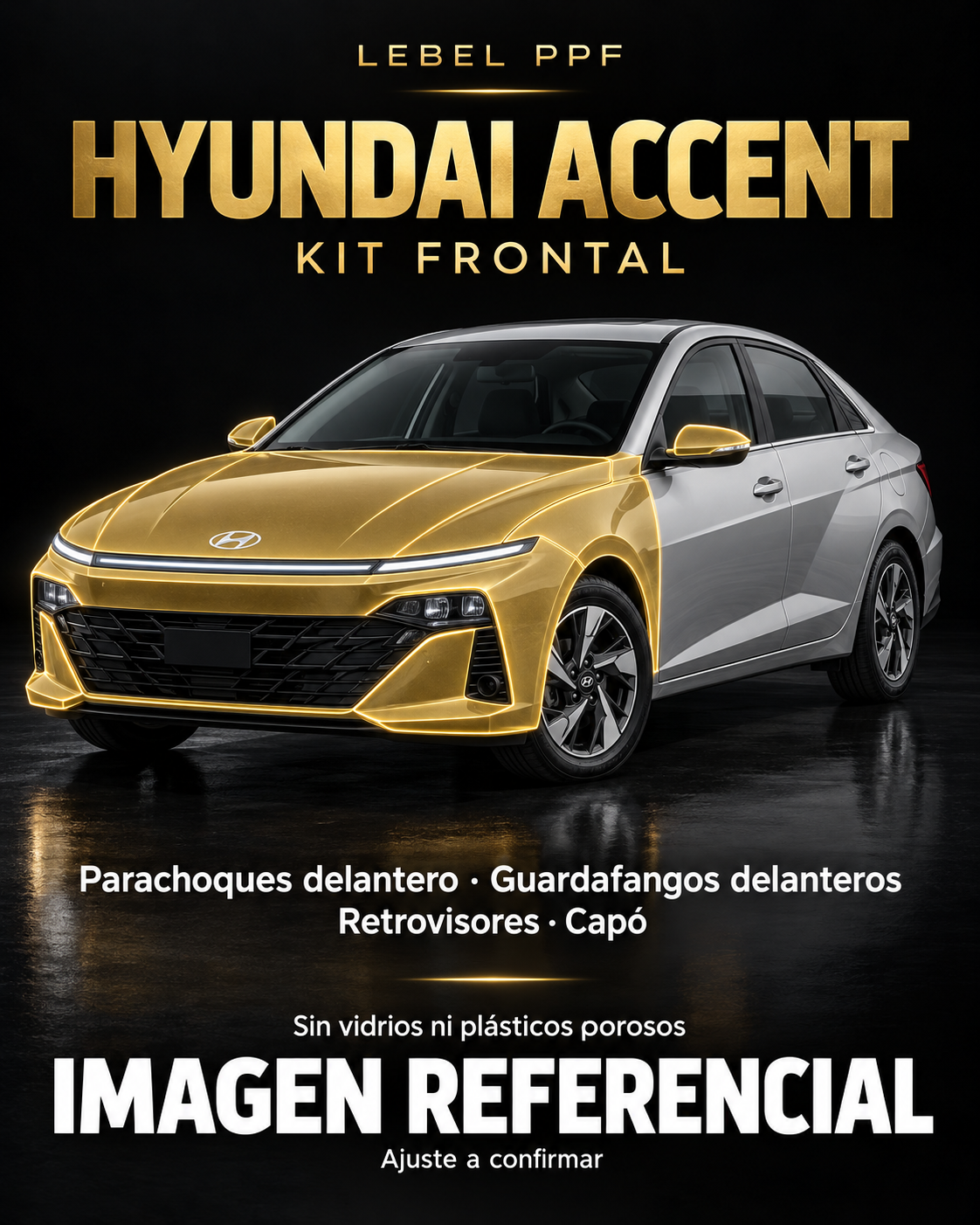 Hyundai Accent — Kit frontal PPF LEBEL. Imagen referencial; ajuste a confirmar. Sin vidrios ni plásticos porosos.
