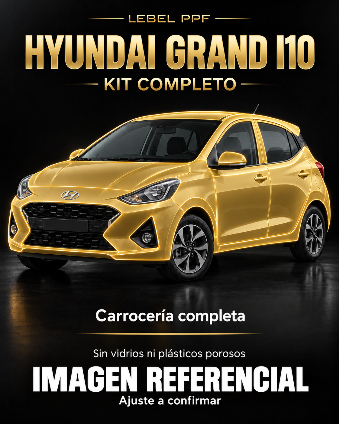 Hyundai Grand i10 — Kit completo PPF LEBEL. Imagen referencial; ajuste a confirmar. Sin vidrios ni plásticos porosos.