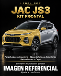 JAC JS3 — Kit frontal PPF LEBEL. Imagen referencial; ajuste a confirmar. Sin vidrios ni plásticos porosos.