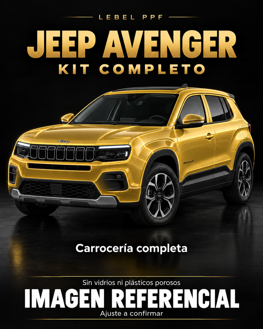 Jeep Avenger — Kit completo PPF LEBEL. Imagen referencial; ajuste a confirmar. Sin vidrios ni plásticos porosos.