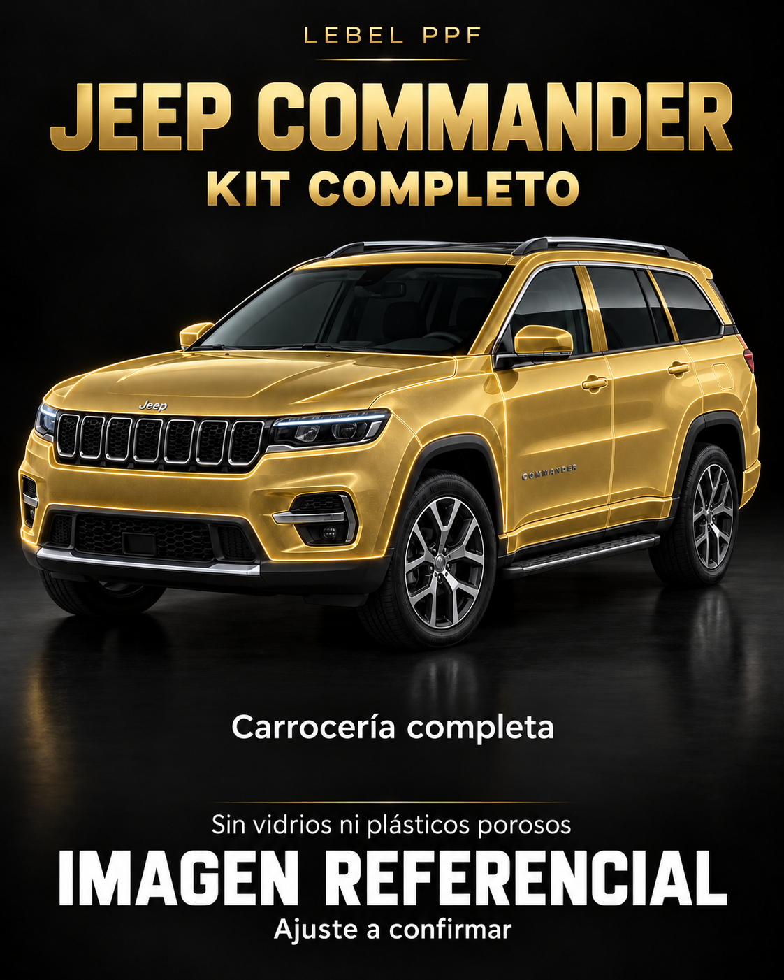 Jeep Commander — Kit completo PPF LEBEL. Imagen referencial; ajuste a confirmar. Sin vidrios ni plásticos porosos.