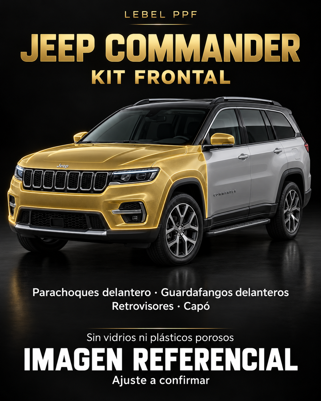 Jeep Commander — Kit frontal PPF LEBEL. Imagen referencial; ajuste a confirmar. Sin vidrios ni plásticos porosos.