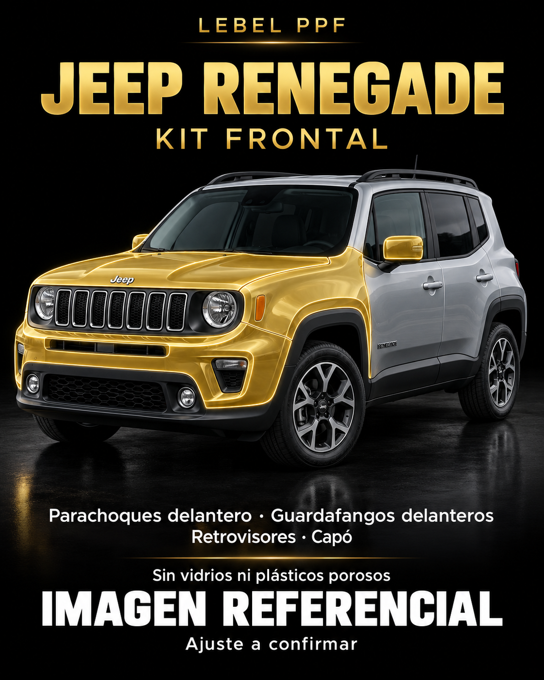 Jeep Renegade — Kit frontal PPF LEBEL. Imagen referencial; ajuste a confirmar. Sin vidrios ni plásticos porosos.