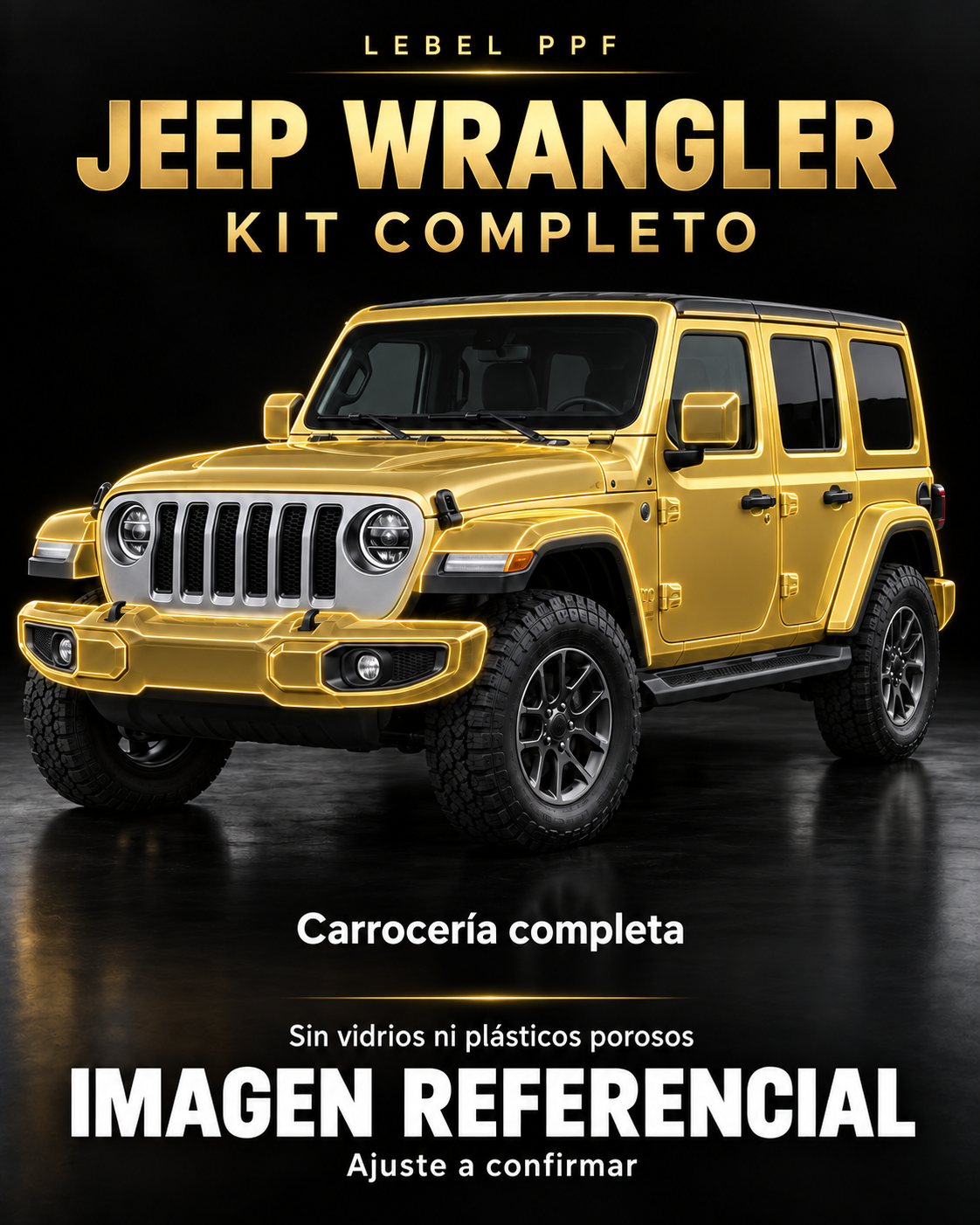 Jeep Wrangler — Kit completo PPF LEBEL. Imagen referencial; ajuste a confirmar. Sin vidrios ni plásticos porosos.