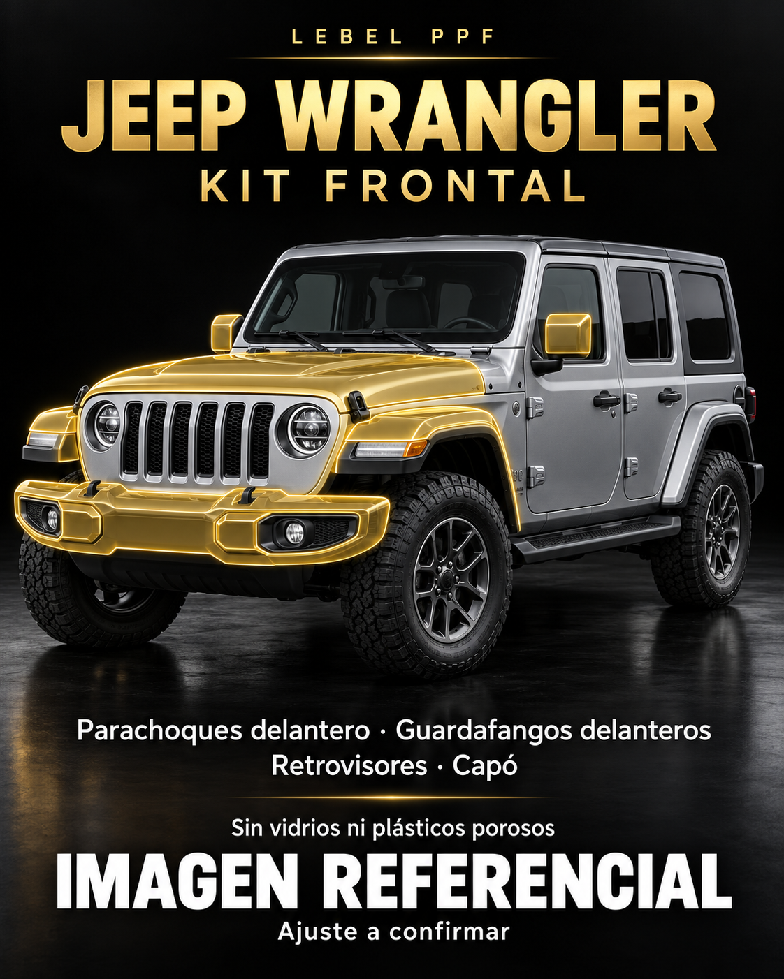 Jeep Wrangler — Kit frontal PPF LEBEL. Imagen referencial; ajuste a confirmar. Sin vidrios ni plásticos porosos.