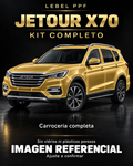 Jetour X70 — Kit completo PPF LEBEL. Imagen referencial; ajuste a confirmar. Sin vidrios ni plásticos porosos.