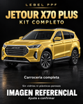 Jetour X70 Plus — Kit completo PPF LEBEL. Imagen referencial; ajuste a confirmar. Sin vidrios ni plásticos porosos.