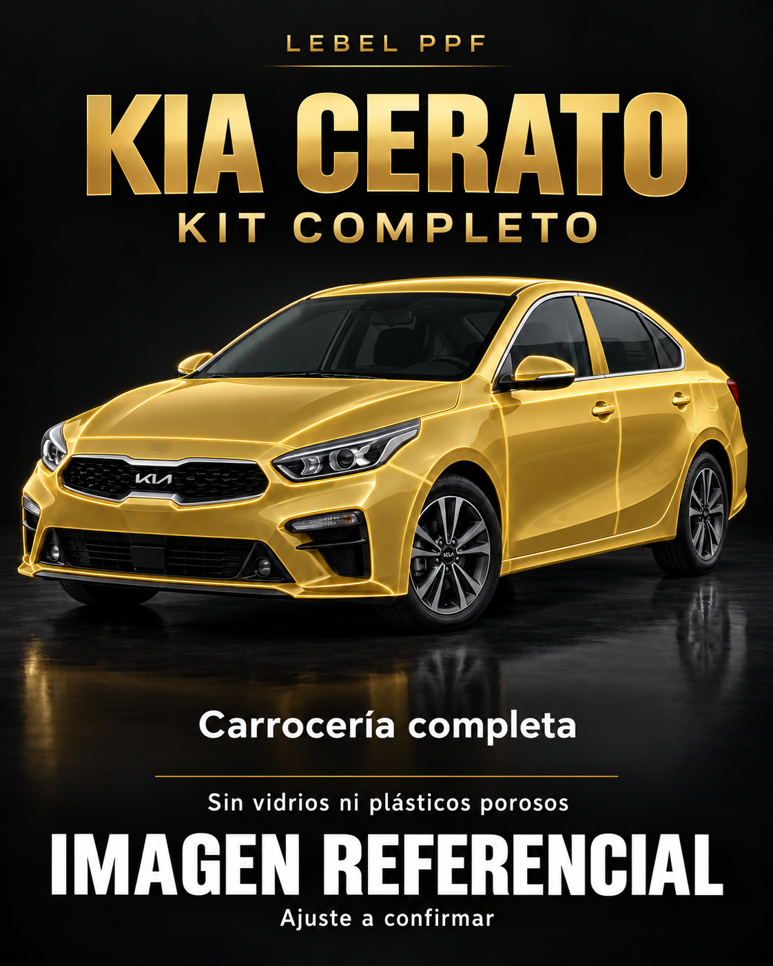 Kia Cerato — Kit completo PPF LEBEL. Imagen referencial; ajuste a confirmar. Sin vidrios ni plásticos porosos.