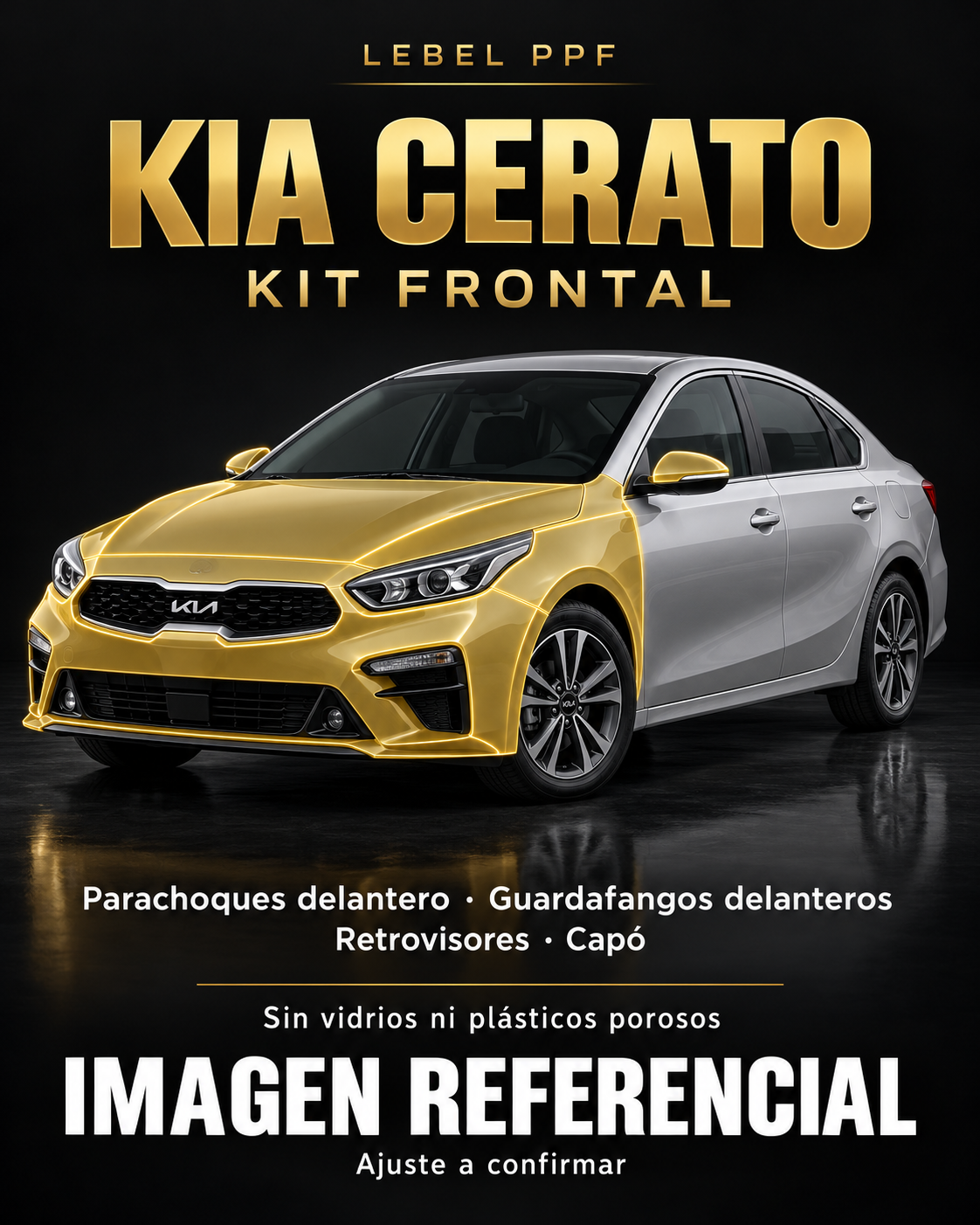 Kia Cerato — Kit frontal PPF LEBEL. Imagen referencial; ajuste a confirmar. Sin vidrios ni plásticos porosos.