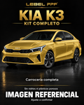 Kia K3 — Kit completo PPF LEBEL. Imagen referencial; ajuste a confirmar. Sin vidrios ni plásticos porosos.