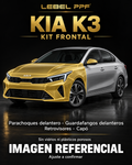 Kia K3 — Kit frontal PPF LEBEL. Imagen referencial; ajuste a confirmar. Sin vidrios ni plásticos porosos.