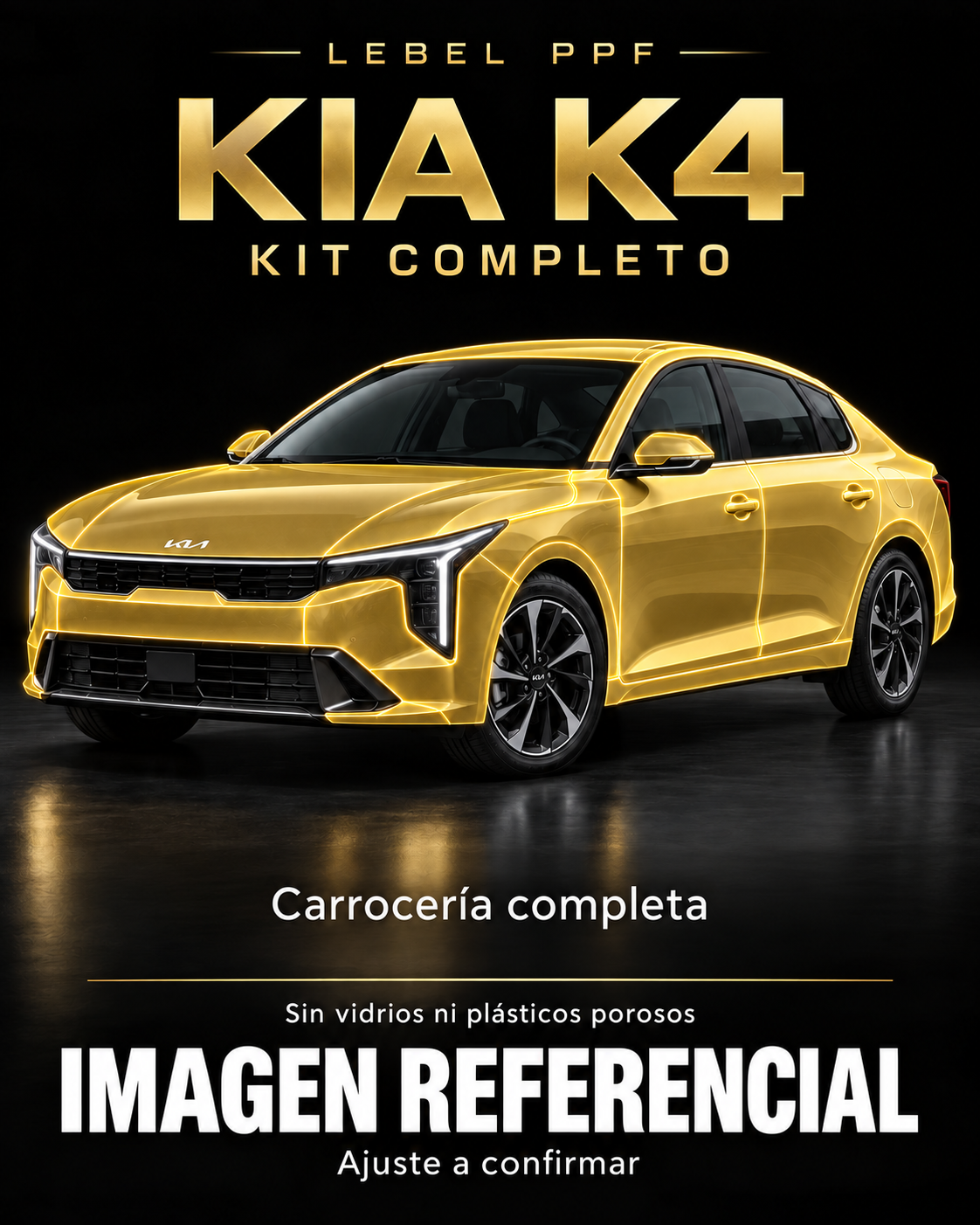 Kia K4 — Kit completo PPF LEBEL. Imagen referencial; ajuste a confirmar. Sin vidrios ni plásticos porosos.