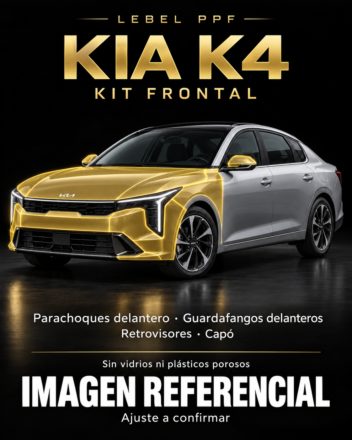 Kia K4 — Kit frontal PPF LEBEL. Imagen referencial; ajuste a confirmar. Sin vidrios ni plásticos porosos.