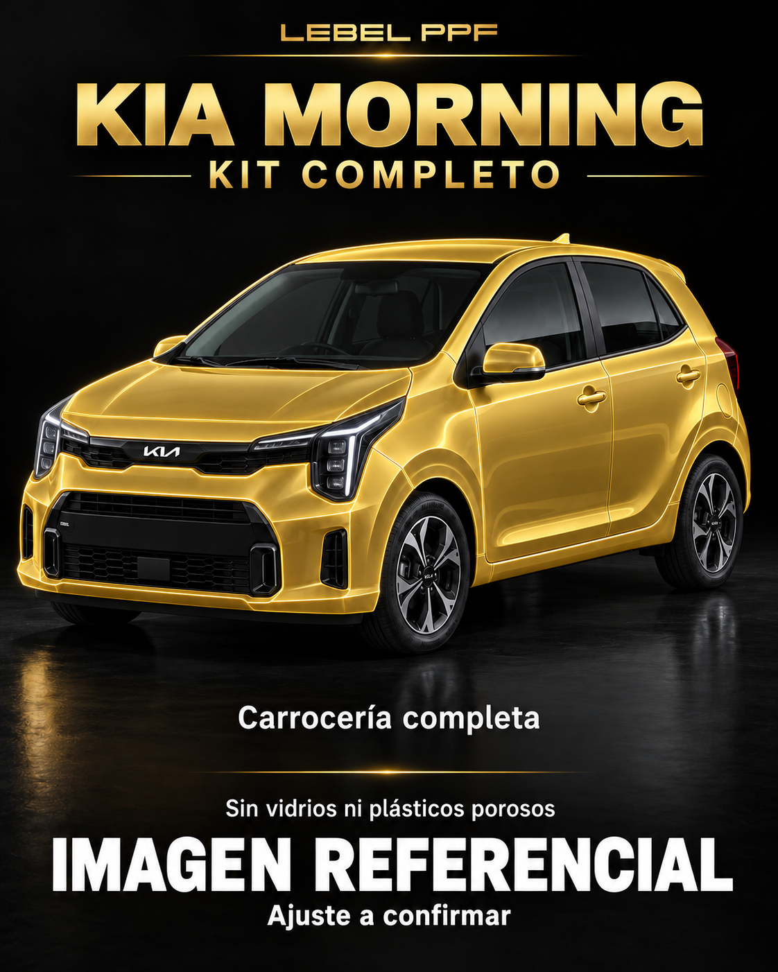 Kia Morning — Kit completo PPF LEBEL. Imagen referencial; ajuste a confirmar. Sin vidrios ni plásticos porosos.