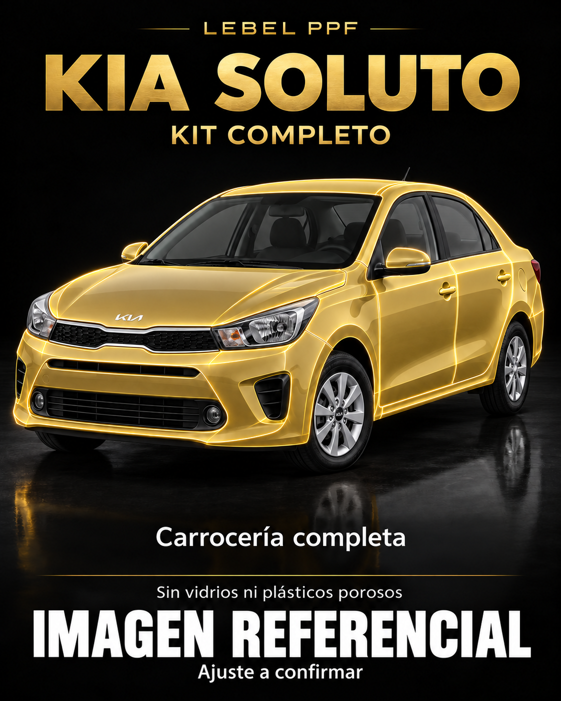 Kia Soluto — Kit completo PPF LEBEL. Imagen referencial; ajuste a confirmar. Sin vidrios ni plásticos porosos.