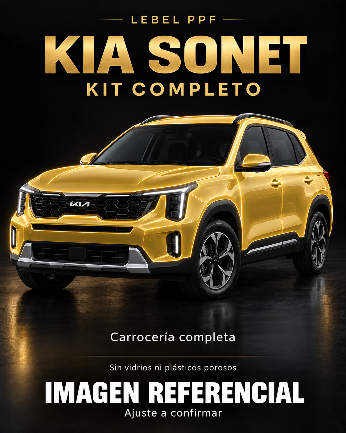 Kia Sonet — Kit completo PPF LEBEL. Imagen referencial; ajuste a confirmar. Sin vidrios ni plásticos porosos.