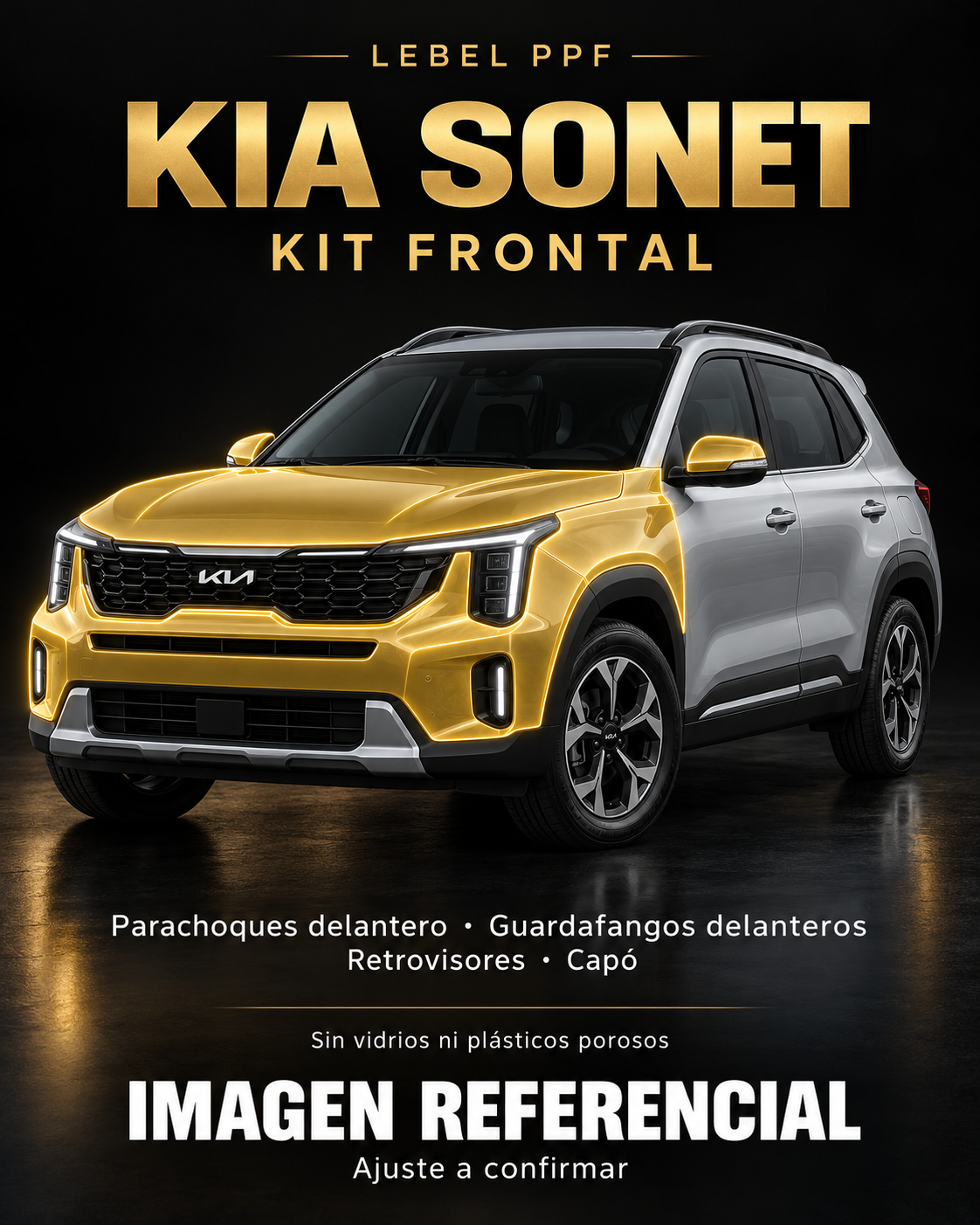 Kia Sonet — Kit frontal PPF LEBEL. Imagen referencial; ajuste a confirmar. Sin vidrios ni plásticos porosos.