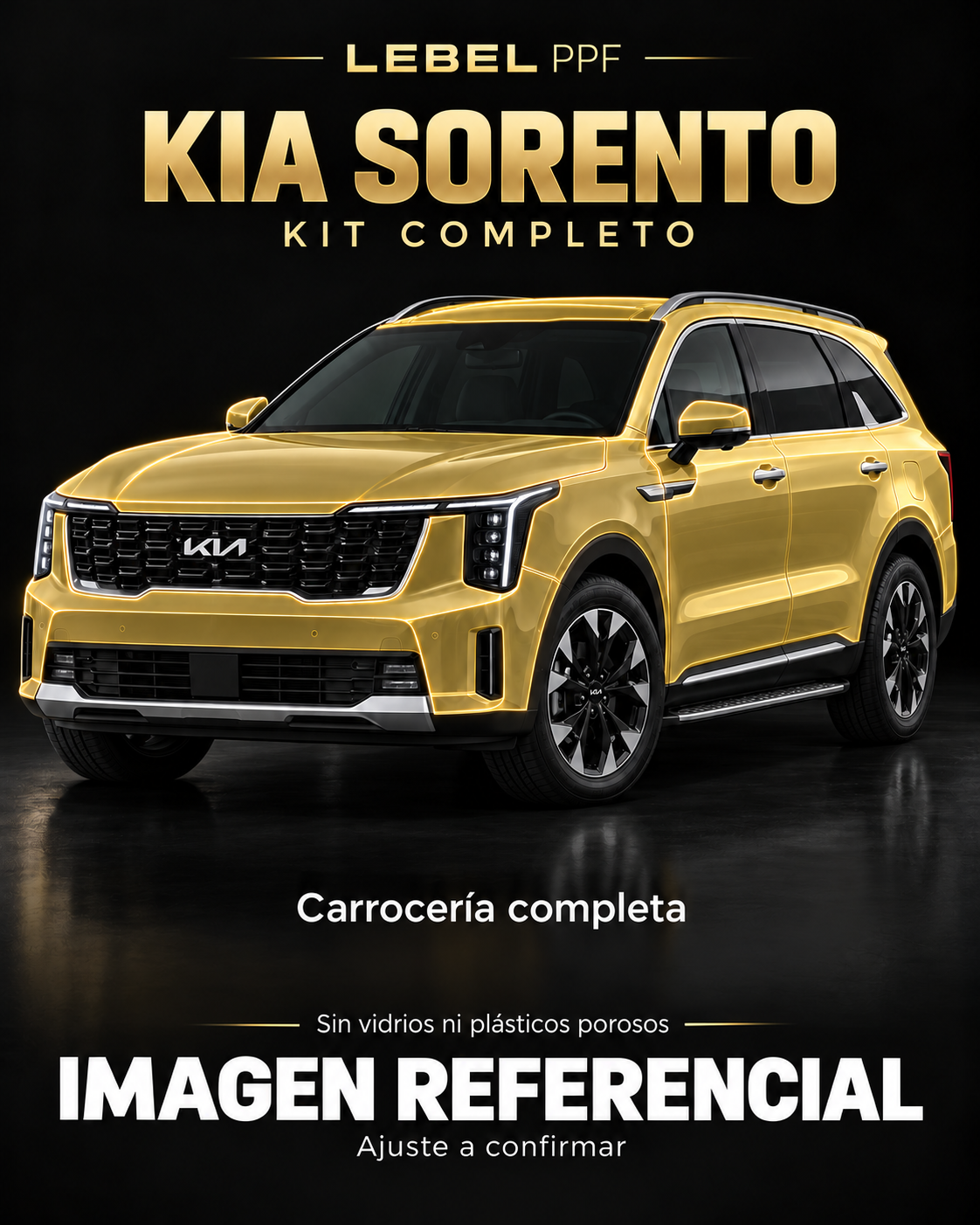 Kia Sorento — Kit completo PPF LEBEL. Imagen referencial; ajuste a confirmar. Sin vidrios ni plásticos porosos.