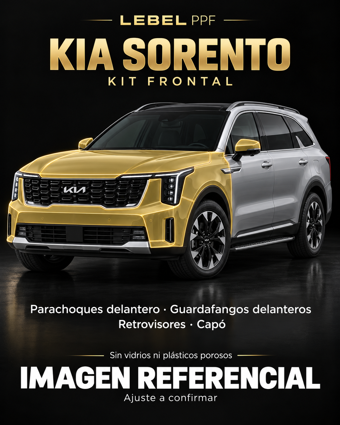 Kia Sorento — Kit frontal PPF LEBEL. Imagen referencial; ajuste a confirmar. Sin vidrios ni plásticos porosos.