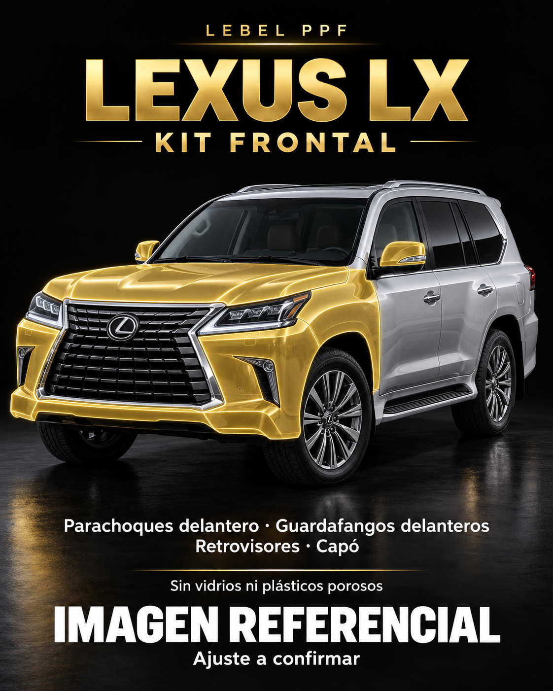 Lexus LX — Kit frontal PPF LEBEL. Imagen referencial; ajuste a confirmar. Sin vidrios ni plásticos porosos.