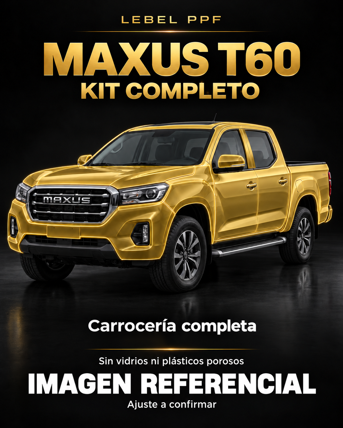 Maxus T60 — Kit completo PPF LEBEL. Imagen referencial; ajuste a confirmar. Sin vidrios ni plásticos porosos.