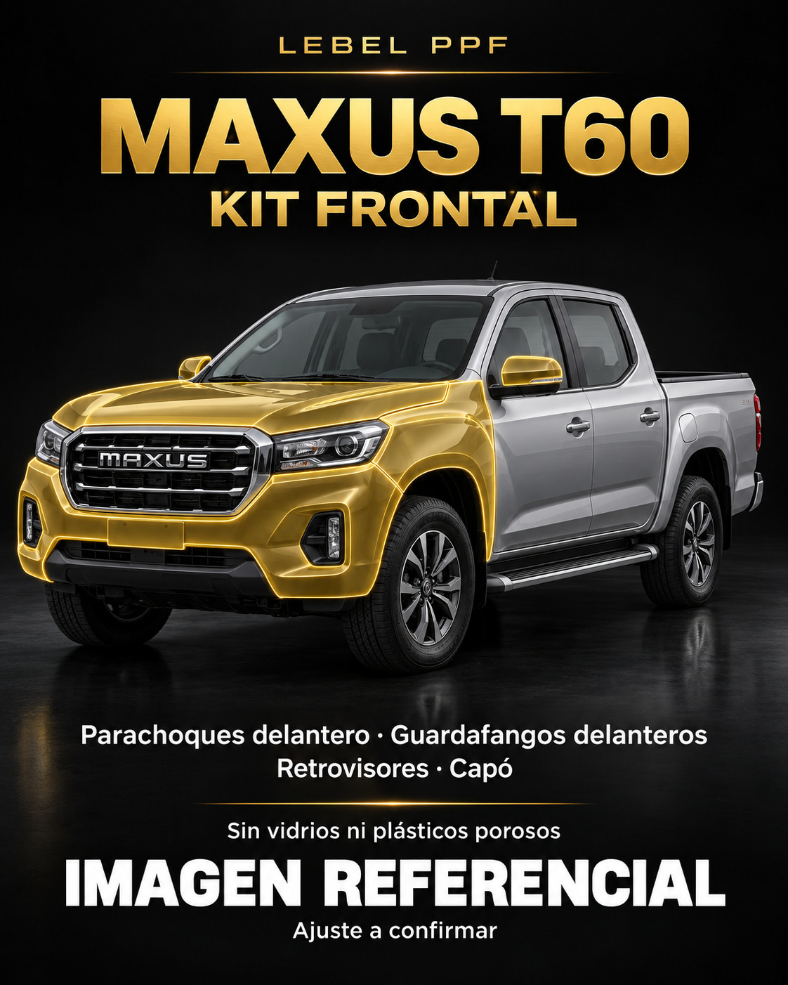 Maxus T60 — Kit frontal PPF LEBEL. Imagen referencial; ajuste a confirmar. Sin vidrios ni plásticos porosos.