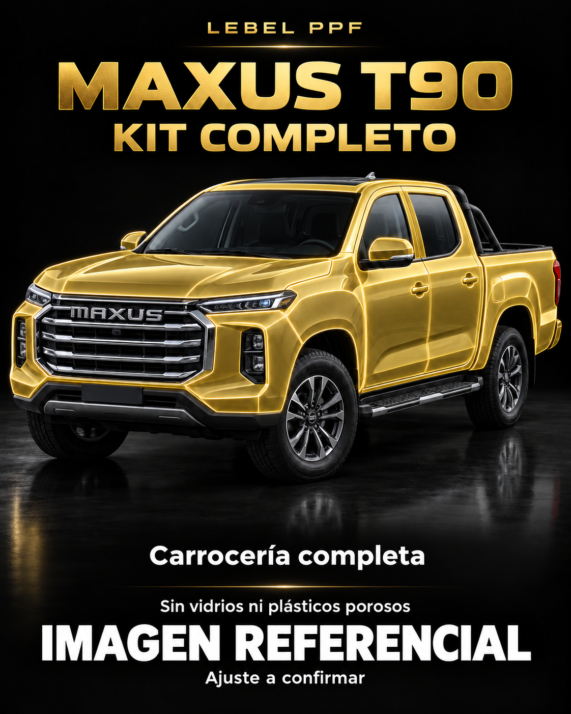 Maxus T90 — Kit completo PPF LEBEL. Imagen referencial; ajuste a confirmar. Sin vidrios ni plásticos porosos.
