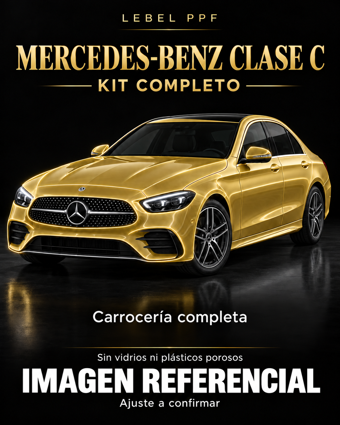 Mercedes-Benz Clase C — Kit completo PPF LEBEL. Imagen referencial; ajuste a confirmar. Sin vidrios ni plásticos porosos.