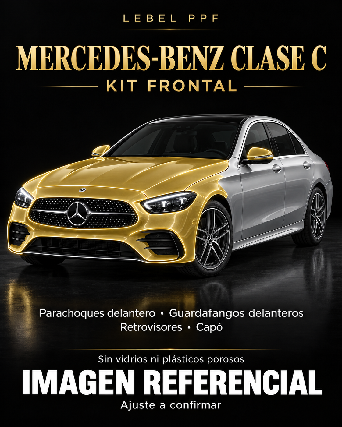 Mercedes-Benz Clase C — Kit frontal PPF LEBEL. Imagen referencial; ajuste a confirmar. Sin vidrios ni plásticos porosos.